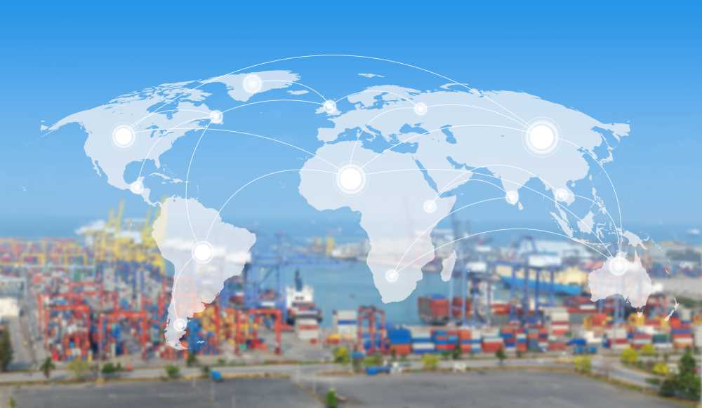 Weltkarte globales Netzwerkkonzept Transport, Industriecontainer